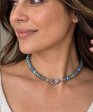 AAA natural Labradorite choker necklace worn on woman showing multi fire gemstone beads and genuine pave diamond clasp