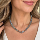Natural Labradorite 17.5 inch beaded necklace worn on woman with genuine pave diamond clasp displayed in front
