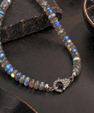 AAA Labradorite gemstone necklace displayed on dark background showing natural blue fire and pave diamond clasp