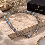 Labradorite Choker Necklace with Pave Diamond Clasp, 14" Natural Blue Flash Labradorite Beaded Necklace, Healing Crystal Jewelry, 7mm -7.5mm