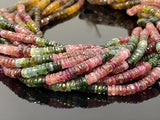 Close-up of natural Watermelon Tourmaline Heishi beads showing faceted tyre cut and pink green multicolor gemstone variations
