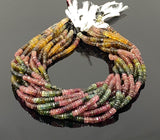 Natural Tourmaline faceted Heishi bead strands on black background