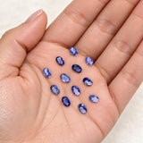 Ten petite faceted iolite gemstones displayed on a palm to demonstrate their small 5x3.75mm size