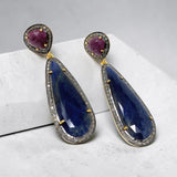 Blue and Dark Pink Sapphire Pave Diamond Earrings, Sapphire Gemstone Earrings
