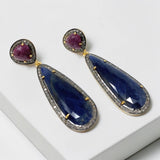 Blue and Dark Pink Sapphire Pave Diamond Earrings, Sapphire Gemstone Earrings