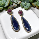 Blue and Dark Pink Sapphire Pave Diamond Earrings, Sapphire Gemstone Earrings