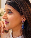 Blue and Dark Pink Sapphire Pave Diamond Earrings, Sapphire Gemstone Earrings