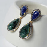 Genuine Emerald and Blue Sapphire Pave Diamond Earrings, Sapphire Earrings, Emerald Earrings, Gifts for Her