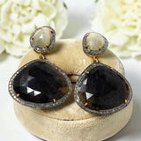 Fancy Sapphire Pave Diamond Earrings, White Sapphire and Smoky Sapphire Earrings , Antique Silver Gemstone Earrings, Gifts for Her