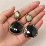 Fancy Sapphire Pave Diamond Earrings, White Sapphire and Smoky Sapphire Earrings , Antique Silver Gemstone Earrings, Gifts for Her