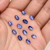 Petite blue-violet iolite gemstones shown on a manicured hand for accurate 5x3.75mm size and scale reference