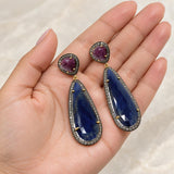 Blue and Dark Pink Sapphire Pave Diamond Earrings, Sapphire Gemstone Earrings