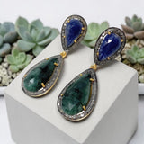 Genuine Emerald and Blue Sapphire Pave Diamond Earrings, Sapphire Earrings, Emerald Earrings, Gifts for Her