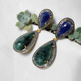 Genuine Emerald and Blue Sapphire Pave Diamond Earrings, Sapphire Earrings, Emerald Earrings, Gifts for Her