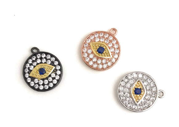 Disc Charm, Pave Disc Charm, Evil Eye Charm, Protection Jewelry Charm, Jewelry Findings, Round Charms, Turkish Evil Eye Charm, 14x12mm, 1 Pc