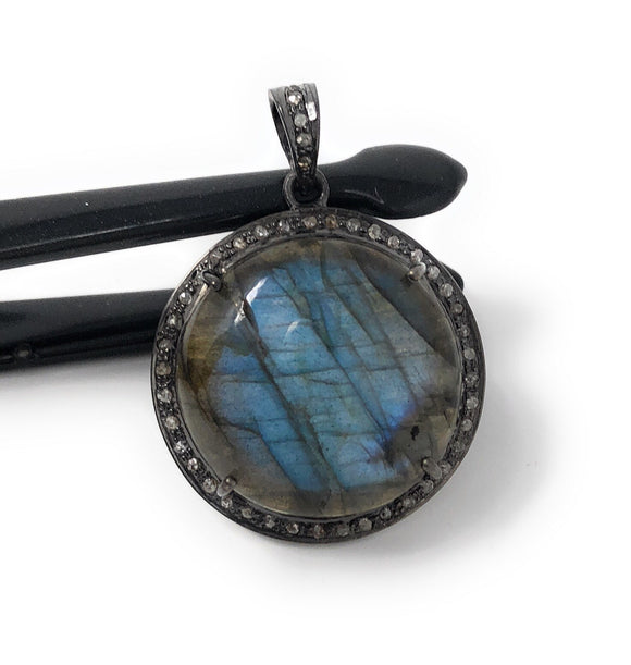 Natural Labradorite Gemstone Pendant, Sterling Silver Pave Diamond Fine Jewelry, Oxidized Silver Pendant, Gifts for Her