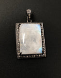 Natural Rainbow Moonstone Diamond Pendant, Oxidized Sterling Silver Pave Pendant, Wholesale Price Genuine Gemstone Pendant for DIY Jewelry