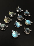 9 Pcs Labradorite Gemstone Sterling Silver Connectors, Hexagon Shape Double Bail Connectors for Jewelry Making, 16.5x15mm