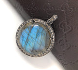 Natural Labradorite Gemstone Pendant, Sterling Silver Pave Diamond Fine Jewelry, Oxidized Silver Pendant, Gifts for Her