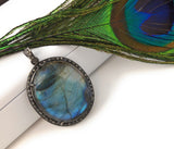 Labradorite Pendant, Gemstone Pendant, Diamond Pendant, Silver Pendant, Pave Diamond Pendant, Oxidized Silver Pendant, Gifts for Her