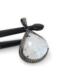 Moonstone Pendant, Gemstone Pendant, Diamond Pendant, Silver Pendant, Pave Diamond Pendant, Oxidized Silver Rainbow Moonstone Pendant