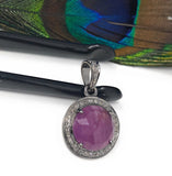 Pink Sapphire Pendant, Diamond Pendant, Silver Gemstone Pendant, Pave Diamond Pendant, Sterling Silver Pendant, Natural Sapphire Jewelry
