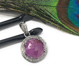 Pink Sapphire Pendant, Diamond Pendant, Silver Gemstone Pendant, Pave Diamond Pendant, Sterling Silver Pendant, Natural Sapphire Jewelry
