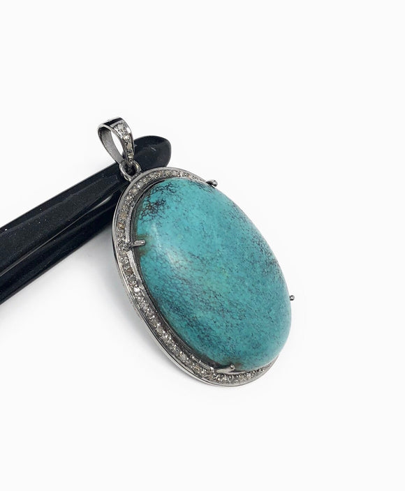 Sterling Silver Turquoise Pendant, Pave Diamond Pendant, Turquoise Pendant, Natural Gemstone Jewelry, Gifts for Her, DIY Pendant
