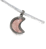 Strawberry Quartz Pendant, Gemstone Pendant, Diamond Pendant, Silver Pendant, Moon Crescent Diamond Pendant, Sterling Silver Moon Jewelry