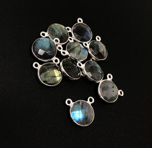 6 Pcs Labradorite Gemstone Connector, Sterling Silver Double Bail Connector Charms , 14x12mm