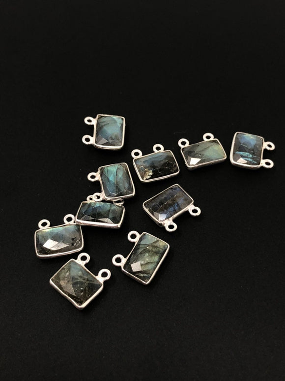 10Pcs Labradorite Gemstone Connector Charms, Sterling Silver Connectors, DIY Jewelry Making Supplies, 12.5x13.5mm