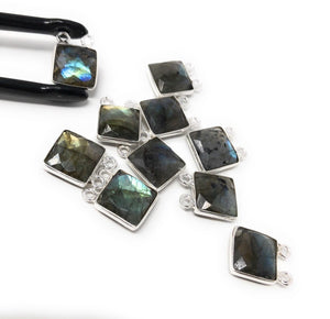 10 Pcs Labradorite Gemstone Connector, Sterling Silver Double Bail Connector Charms, 14x11mm
