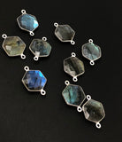 Labradorite Gemstone Sterling Silver Connectors, Hexagon Shape Double Bail Connectors, Jewelry Findings for Jewelry Making, 23x15mm
