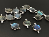 Labradorite Gemstone Sterling Silver Connectors, Hexagon Shape Double Bail Connectors, Jewelry Findings for Jewelry Making, 23x15mm