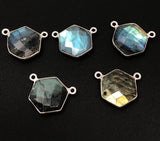 9 Pcs Labradorite Gemstone Sterling Silver Connectors, Hexagon Shape Double Bail Connectors for Jewelry Making, 16.5x15mm
