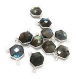 5Pcs Labradorite Gemstone Sterling Silver Connectors, Hexagon Shape Double Bail Connectors Charms for DIY Jewelry Making, 13x12mm