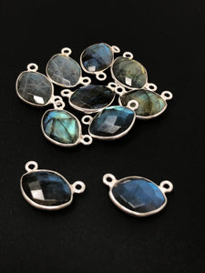 8 Pcs Labradorite Gemstone Connector, Sterling Silver Double Bail Connector Charms, 17x11mm