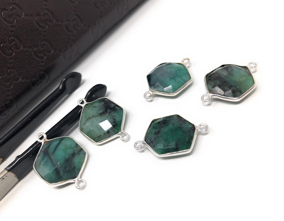 Natural Emerald Gemstone Connector, Sterling Silver Connectors, Wholesale Jewelry Findings for Jewelry Making, Jewelry Supplies, 23.7x15.5mm