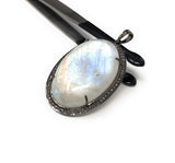 Moonstone Pendant, Gemstone Pendant, Diamond Pendant, Silver Pendant, Pave Diamond Pendant, Oxidized Silver Rainbow Moonstone Pendant
