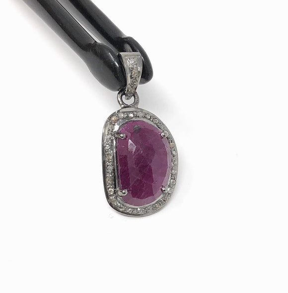 Natural Ruby Pendant, Diamond Pendant, Silver Gemstone Pendant, Pave Diamond Pendant, Sterling Silver Pendant, Genuine Ruby Jewelry
