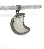 White Moonstone Pendant, Gemstone Pendant, Diamond Pendant, Silver Pendant, Moon Crescent Diamond Pendant, Sterling Silver Moonstone Jewelry