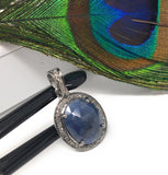 Natural Blue Sapphire Diamond Pendant, Silver Gemstone Pendant, Pave Diamond Pendant, Sterling Silver Pendant, Natural Gemstone Jewelry