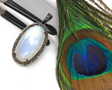Rainbow Moonstone Gemstone Pendant, Diamond Pendant, Silver Pendant, Pave Diamond Pendant, Moonstone Pendant, Sterling Silver Jewelry
