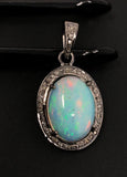 Ethiopian Opal Pendant, Gemstone Pendant, Diamond Pendant, Oxidized Sterling Silver Opal Pendant, Pave Diamond Jewelry, Gifts for Her