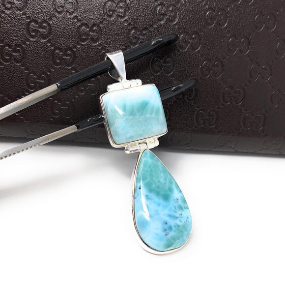 Larimar Pendant, Natural Gemstone Jewelry, Sterling Silver Pendant, Wholesale DIY Jewelry Making Supplies, Gifts for Her, 65mm X 19mm