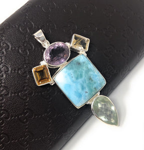 Natural Larimar with Amethyst and Citrine Gemstone Pendant, Sterling Silver Jewelry, Larimar Pendant, Amethyst Pendant, Bohemian Jewelry