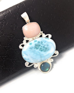 Larimar Pendant, Labradorite Pendant, Pink Opal Pendant, Gemstone Pendant, Silver Jewelry Gifts for Her, Bohemian Jewelry