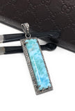Natural Larimar Gemstone Bar Pendant, Sterling Silver Pave Diamond Pendant, Gifts for Her, Oxidized Silver Jewelry