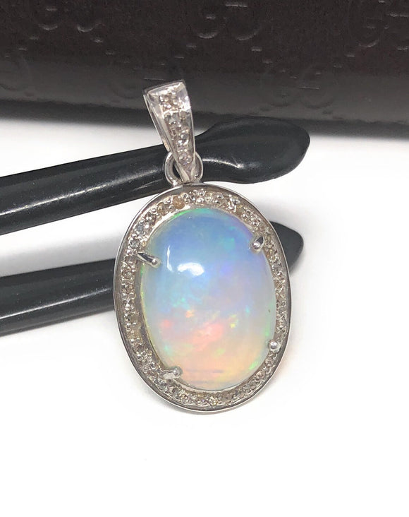 Ethiopian Opal Pendant, Gemstone Pendant, Diamond Pendant, Sterling Silver Opal Pendant, Pave Diamond Jewelry, Gifts for Her