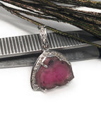 Pink Tourmaline Diamond Pendant, Gemstone Pendant, Sterling Silver Tourmaline Slice Pendant, October Birthstone Jewelry, Raw Tourmaline